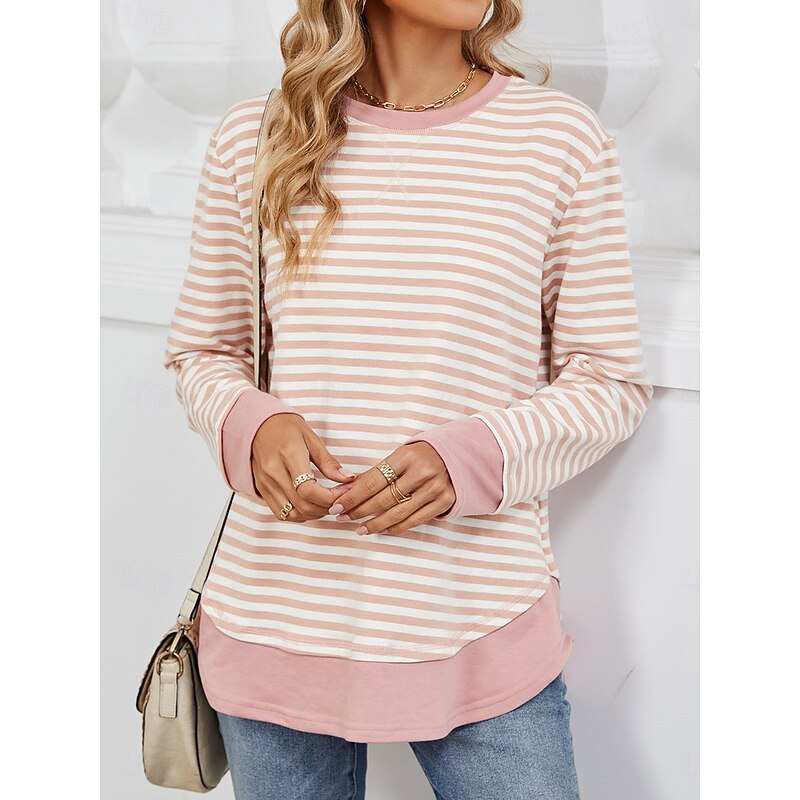 Women's Sweatshirt Casual Striped Street Dailywear Crew Neck Print Long Sleeve Black Pink Fall Winter3