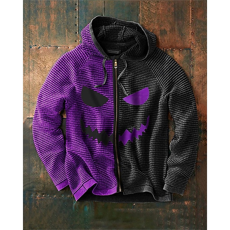 Men's Full Zip Hoodie Zip Up Hoodie Black Purple Orange Green Gray Hooded Color Block Zip Up Patchwork Ribbed Sports & Outdoor Daily Holiday Polyester Casual Halloween Spring &  Fall Clothing Apparel4