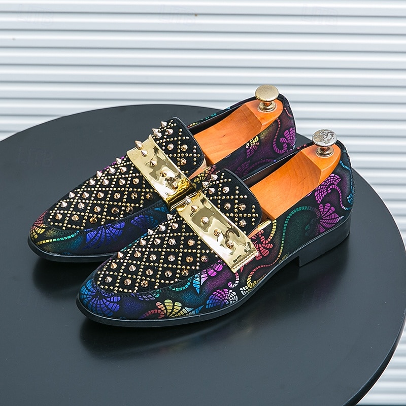 Men's Gothic Style Loafers – Gold Studded Velvet Dress Shoes with Multicolor Paisley Pattern and Metal Buckle4