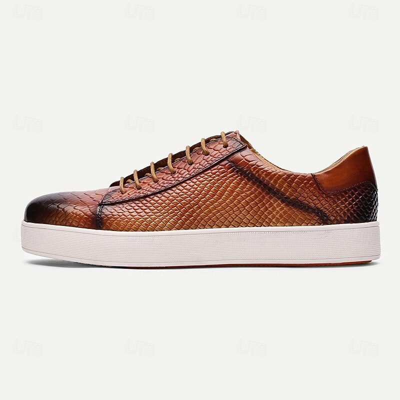 Men's Premium Cowhide Leather Sneakers - Brown Crocodile Pattern Lace-Up Casual Shoes for Daily Wear and Fashion Outfits3