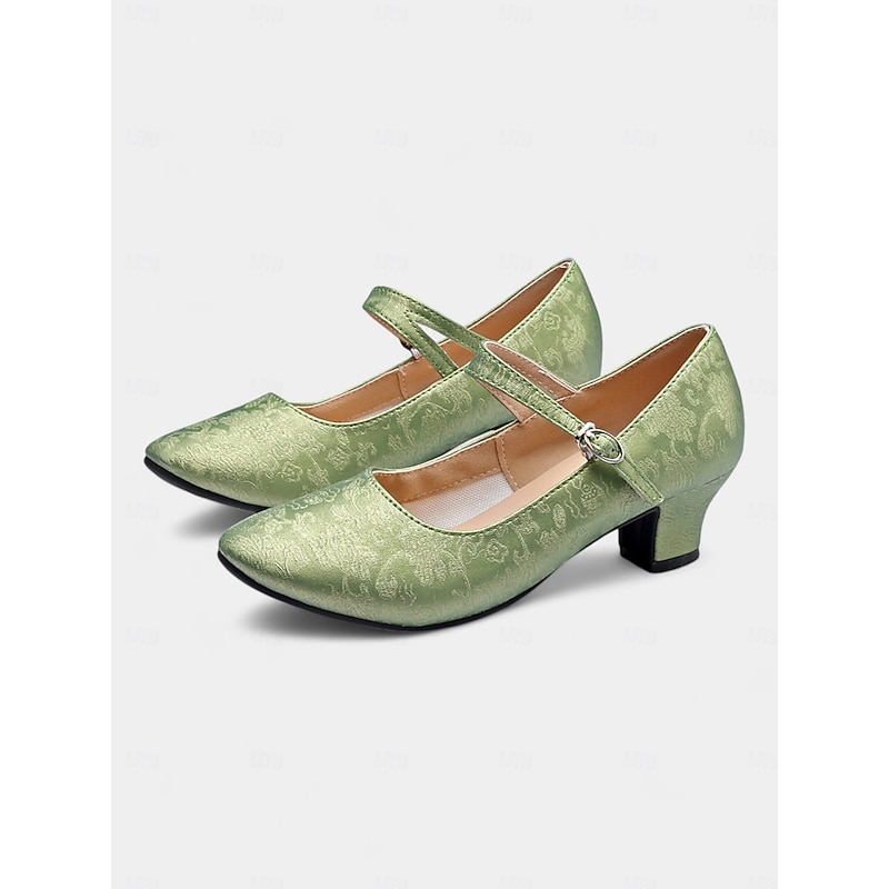 Women's Vintage Green Mary Jane Dance Shoes with Jacquard Floral Pattern and Block Heel, Perfect for Ballroom, Latin, and Formal Dance Events