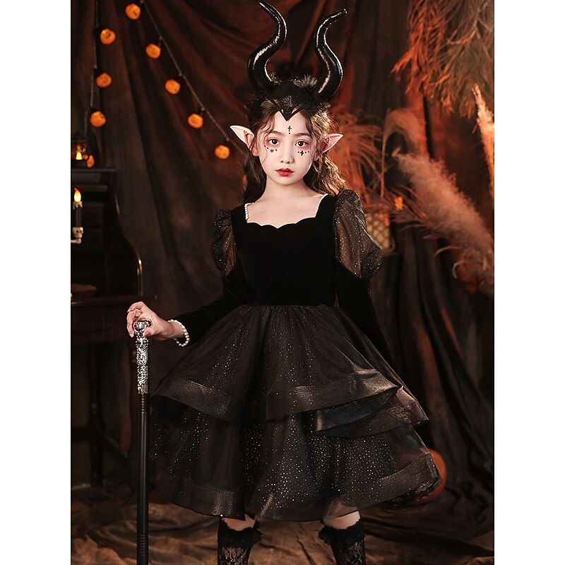 Kids Girls' Party Dress Solid Color 3/4 Length Sleeve Performance Mesh Princess Cosplay Costume Sweet Mesh Mid-Calf Sheath Dress Tulle Dress Summer Spring Fall 4-12 Years Black3