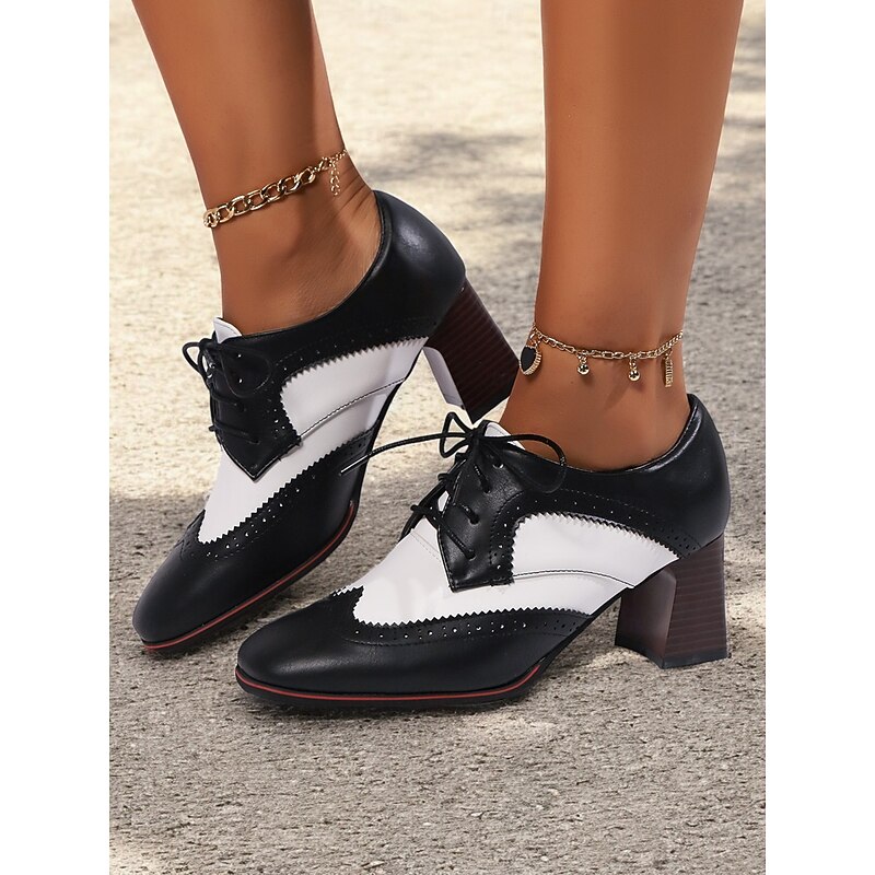 Women's Black and White Vintage Brogue Lace-Up Oxford Heels – Retro Style Formal Shoes for Office and Casual Wear2