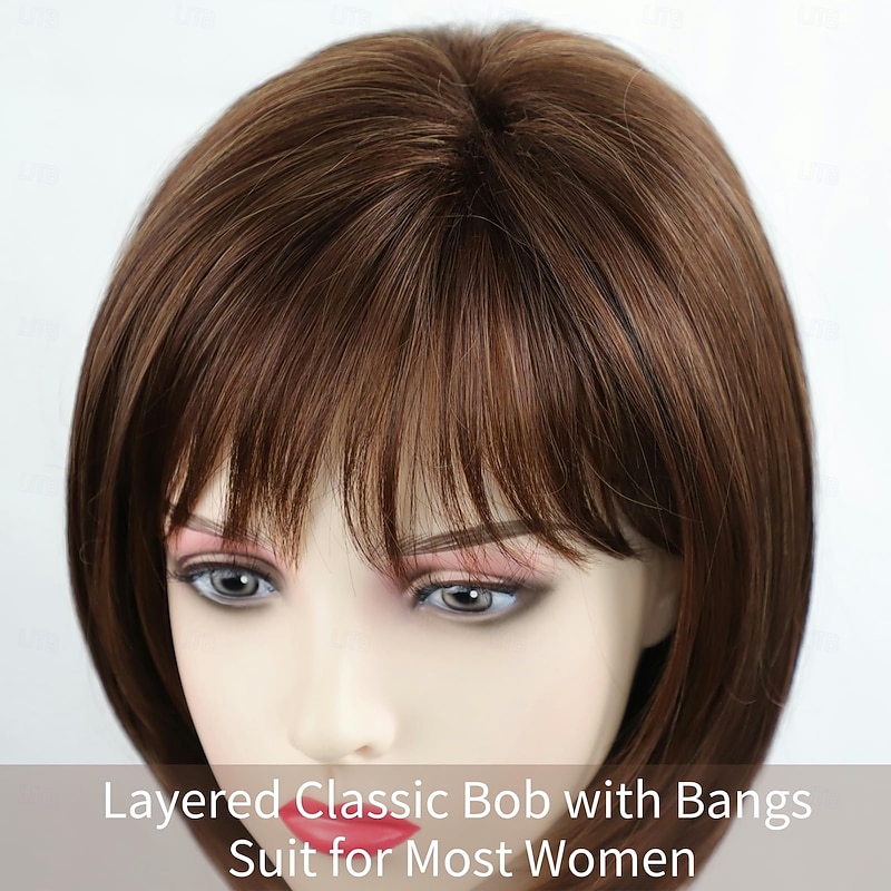 Short Brown Bob Wigs for Women Brown Mixed Blonde Synthetic Wig with Bangs Natural Looking Daily Party Wig4