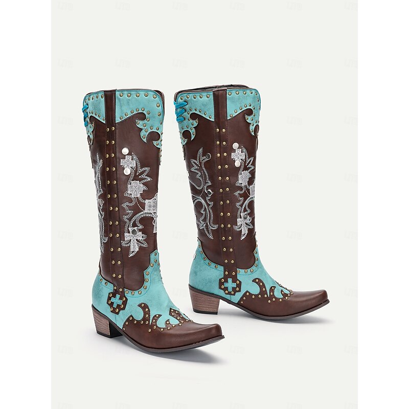 Women's Turquoise and Brown Faux Leather Western Cowboy Boots with Embellishments and Studded Detailing - Knee-High Boots for Rodeo and Festival Wear4