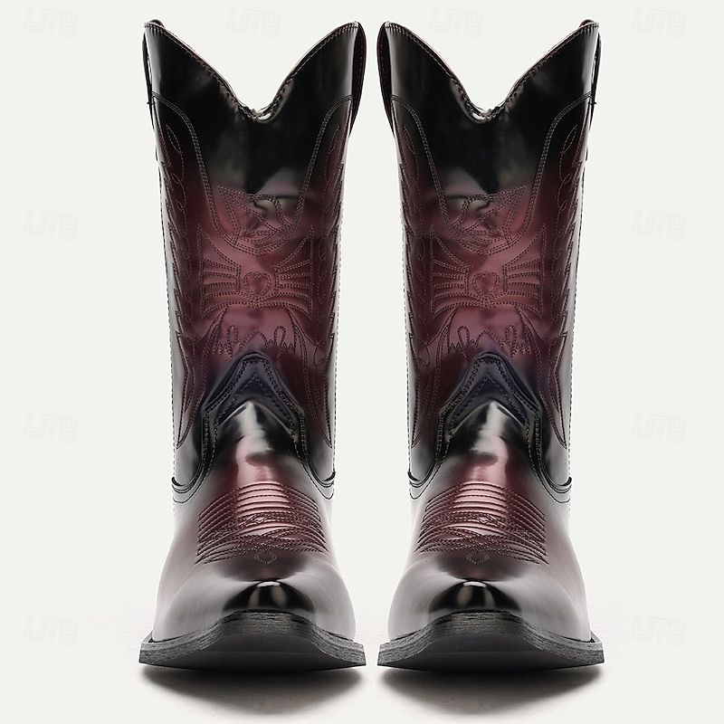 Men's Black and Burgundy Faux Leather Cowboy Boots with Embroidered Design - Classic Western Boots for Rodeo and Outdoor Wear2