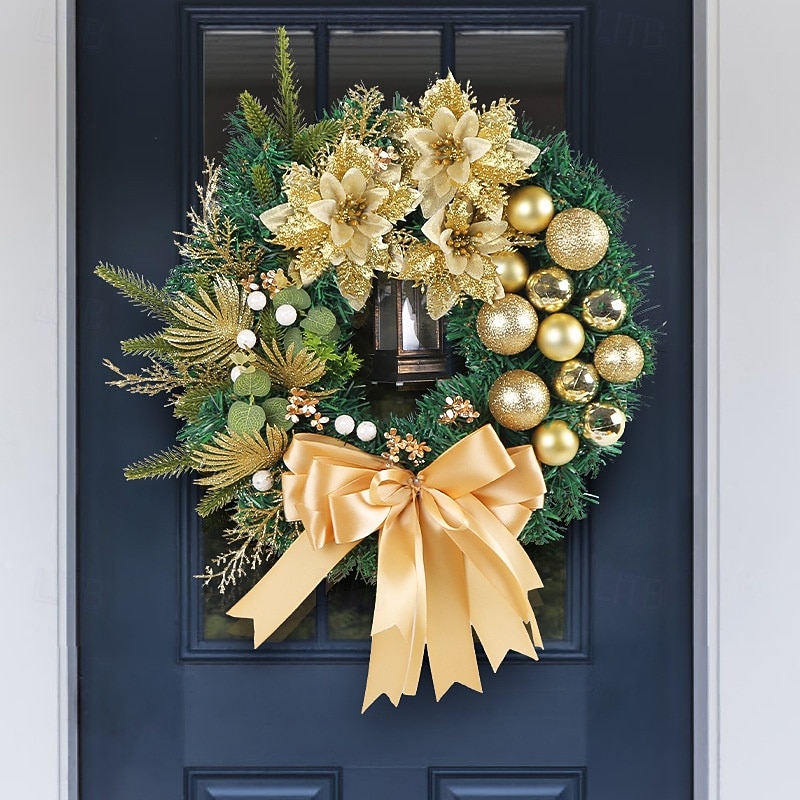 Christmas Lighted Wreath for Front Door Outdoor Door Winter Wreath Golden Xmas Ornaments and Pine Needles, Ideal for Storefront Vine and Door Hanging Christmas Decoration3