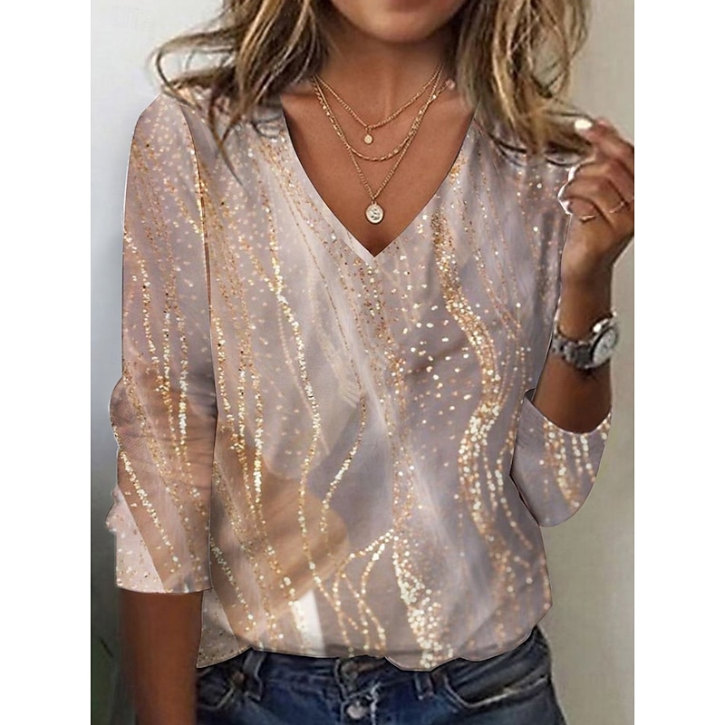 Women's T shirt Long Sleeve V Neck Long Sleeve Tunic Fashion Casual Print Regular Tops Daily Yellow Spring Fall Prefall