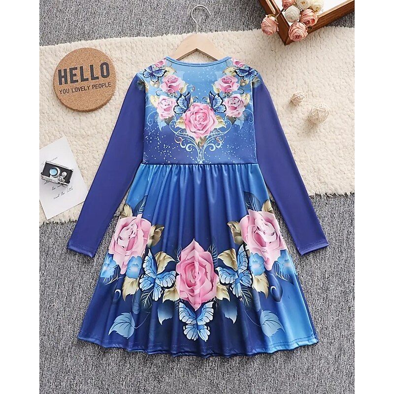 Easter Girls' 3D Rose Graphic Dress Long Sleeve Summer Spring Vacation Daily Holiday Princess Beautiful Sweet Kids 4-12 Years Casual Dress A Line Dress Knee-length Regular Fit3