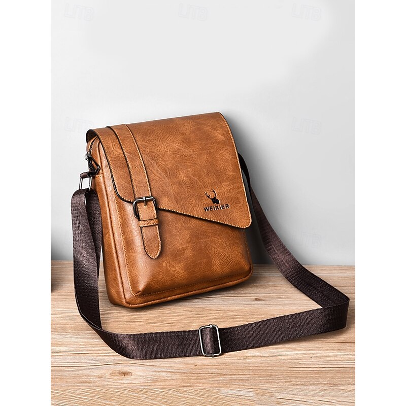Men's Brown Faux Leather Crossbody Messenger Bag with Adjustable Strap – Vintage Style Shoulder Bag for Daily Use and Travel2