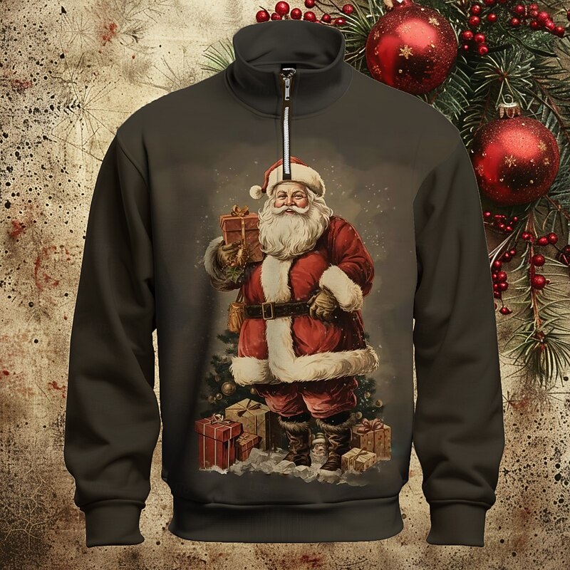 Christmas Men's Santa Claus Sweatshirts Sweatshirt Sweatshirt Zip Sweatshirt Long Sleeve Sweatshirt Stand Collar Half Zip Quarter Zip Vacation Fashion Cute 3D Printing Party Christmas Holiday Half