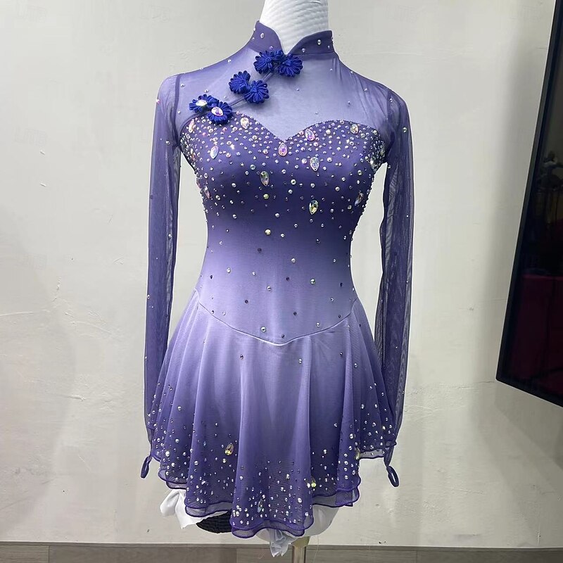 Figure Skating Costumes For Adults And Children Customized With Colored Diamonds Blue Spandex Mesh Grading Performance Costumes Competition Training Gradient Rhinestone Dresses Performance Costum
