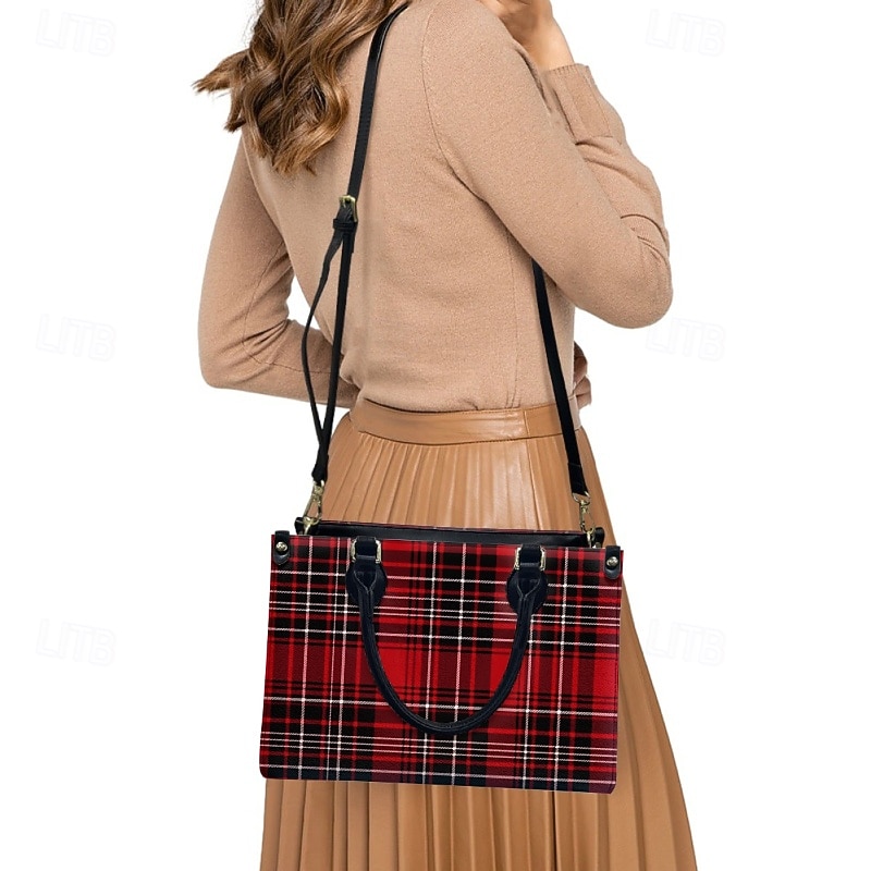 Women's Red Tartan Plaid Handbag with Adjustable Strap – Stylish Crossbody Bag for Everyday and Office Use2