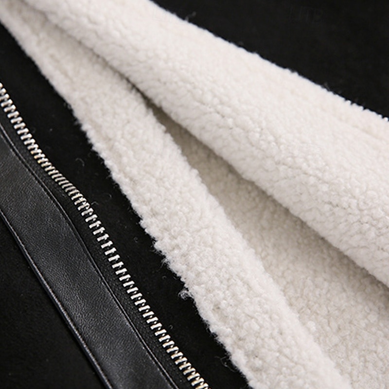 Men's Faux Leather Jacket Fleece Jacket Biker Jacket Motorcycle Jacket Daily Vacation Windproof Warm Pocket Fleece Fall & Winter Plain Fashion Classic Lapel Regular Black Jacket3