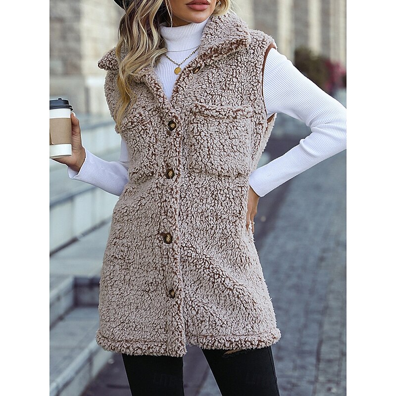 Women's Fleece Jacket Fleece Vest Teddy Coat Warm Breathable Pocket Fleece Lined Casual Plain Vacation Street Daily Wear Going out Single Breasted Regular Turndown Regular Fit Sleeveless Outerwear