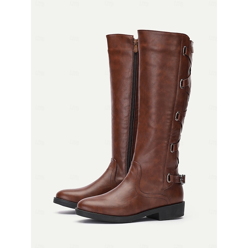 Women's Black Motorcycle Boots with Side Lace-Up and Buckle Detail - Stylish High Knee Riding Boots2