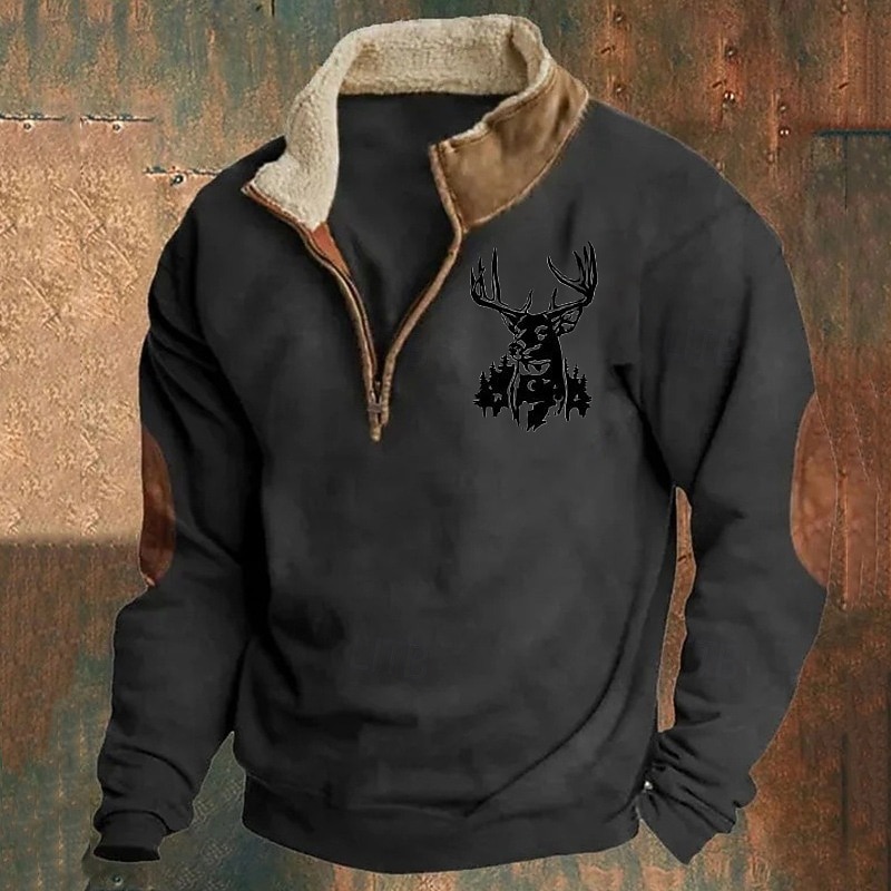 Men's Sweatshirt Quarter Zip Sweatshirt Black Brown Gray Half Zip Color Block Reindeer Patchwork Sports & Outdoor Daily Holiday Polyester Vintage Basic Casual Fall & Winter Clothing Apparel Hoodies2