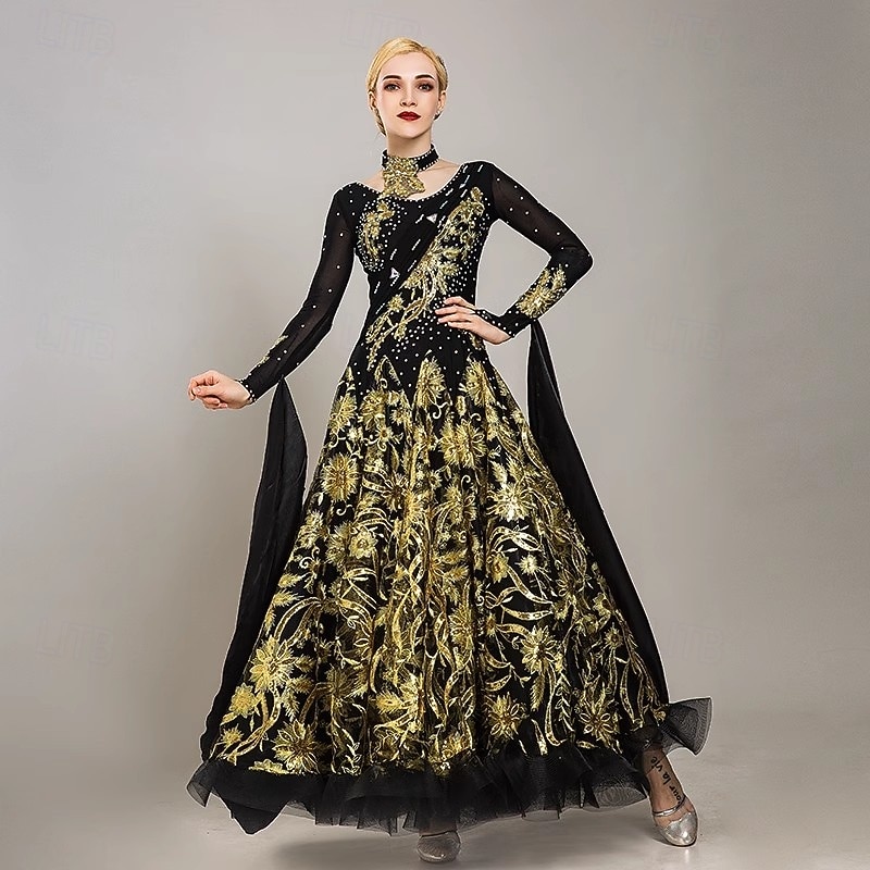 Ballroom Dance Dress Embroidery Splicing Crystals / Rhinestones Women's Performance Party Long Sleeve Tulle Ice Silk2