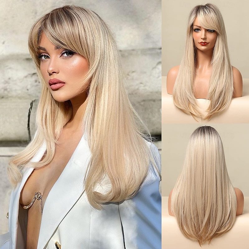 Long Blonde Wig with Bangs - Ombre Dark Root Blonde Wigs for White Women, Striaght Wavy Synthetic Heat Resistant Hair, Natural Cute Wigs for Halloween/Christmas/Cosplay/Party2