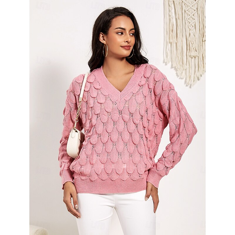 Women's Sweater Elegant Fashion Daily Floral V Neck Hollow Out Long Sleeve Regular Tops Knit Work Pink Red Fall Winter2