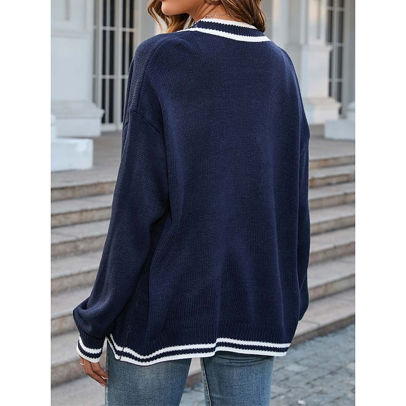 Women's Cardigan Fashion Streetwear Daily Color Block Open Front Knitted Long Sleeve Long Tops Knit Work White Navy Blue Fall Winter2