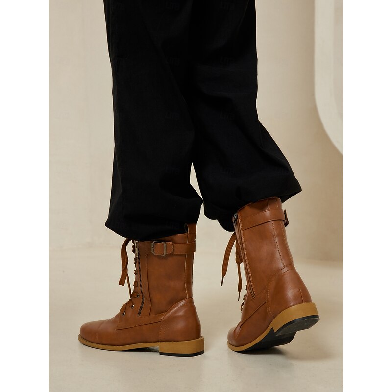 Women's Brown Lace-Up Combat Boots with Zipper Closure - Stylish and Durable Ankle Boots for Casual Wear and Outdoor Activities3