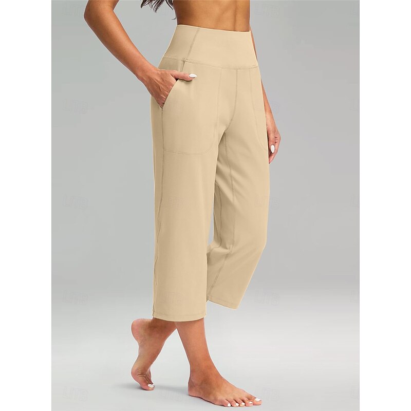 Women's Wide Leg Chinos Classic Style Calf-Length High Waist Plain Pocket Comfy Soft Comfortable Micro-elastic Yoga Casual Black White Apricot Coffee Spring &  Fall Regular Fit4