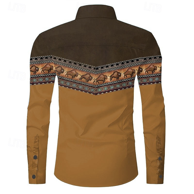Men's Cow Western Shirt Button Up Shirt Cowboy Shirt Long Sleeve Vintage Western Dailywear Spring Fall Winter Turndown Collared Shirts 3D Print Brown3