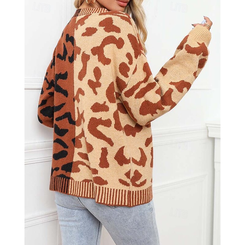 Women's Cardigan Fashion Daily Casual Leopard Color Block Print Open Front Knitted Long Sleeve Regular Tops Knit Formal Home Red Brown Fall Winter2