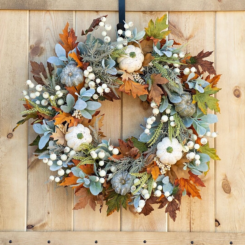 Fall Decor - 45cm Fall Wreaths for Front Door - Autumn Artificial Pumpkin Eucalyptus Maples Leaf Wreath - Rustic Fall Thanksgiving Decorations for Home Outdoor Mantel Window Wall4