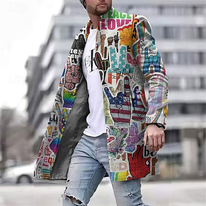 Men's Graffiti National Flag Winter Coat Overcoat Coat Warm Comfortable Breathable Fashion Streetwear Business Work Wear to work Going out Pocket Print Fall & Winter Turndown Long Sleeve Gray