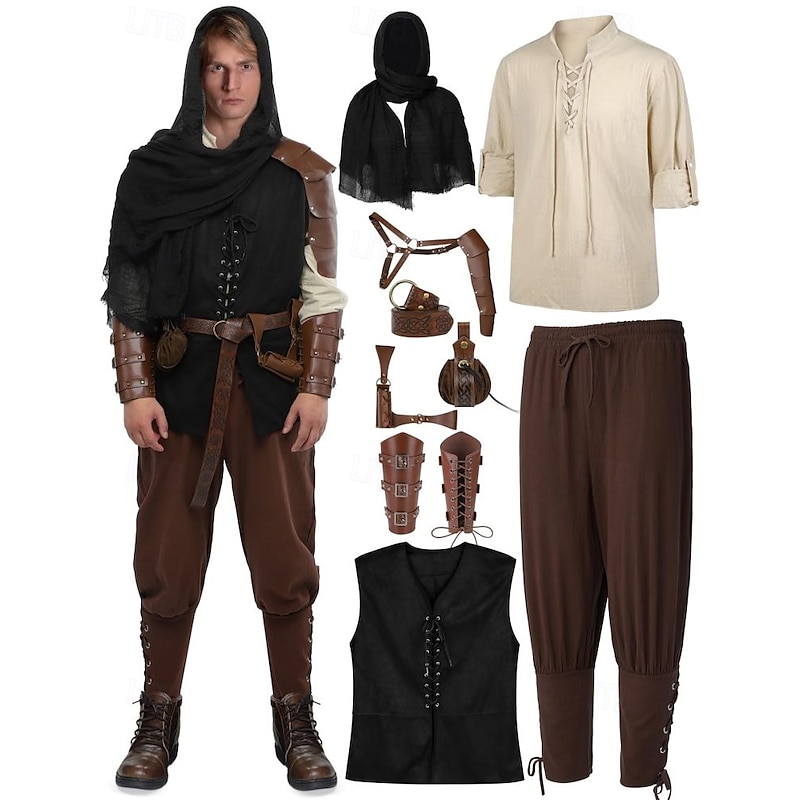 Men's 10 PCS Viking Pirates Outfits Costume with Armor Set Retro Vintage Medieval Renaissance 17th Century Knight Ritter Ranger Elven Valhalla for Halloween Carnival LARP Ren Faire2