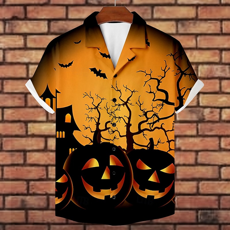 Halloween Men's Pumpkin Halloween Costumes Button Up Shirt Short Sleeve Horror Party Evening Wear Summer Camp Collar Cuban Collar Pocket 3D Print Black Blue Orange4