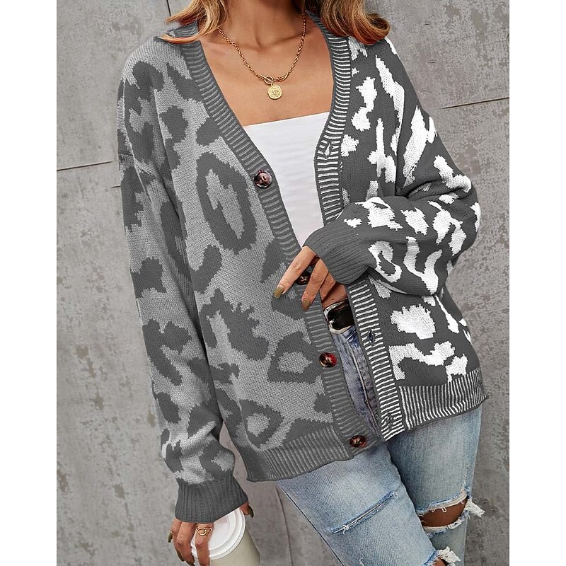 Women's Cardigan Fashion Daily Casual Leopard Color Block Print Open Front Knitted Long Sleeve Regular Tops Knit Formal Home Red Brown Fall Winter4