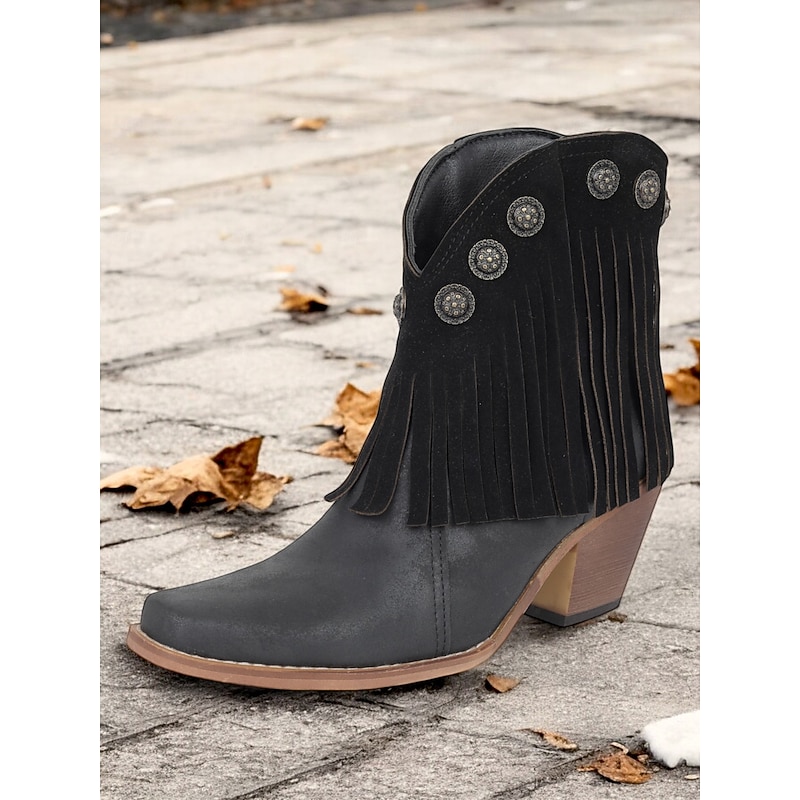 Women's Black Fringe Western Ankle Boots with Studded Accents – Vintage Style Cowgirl Booties for Casual and Festival Wear