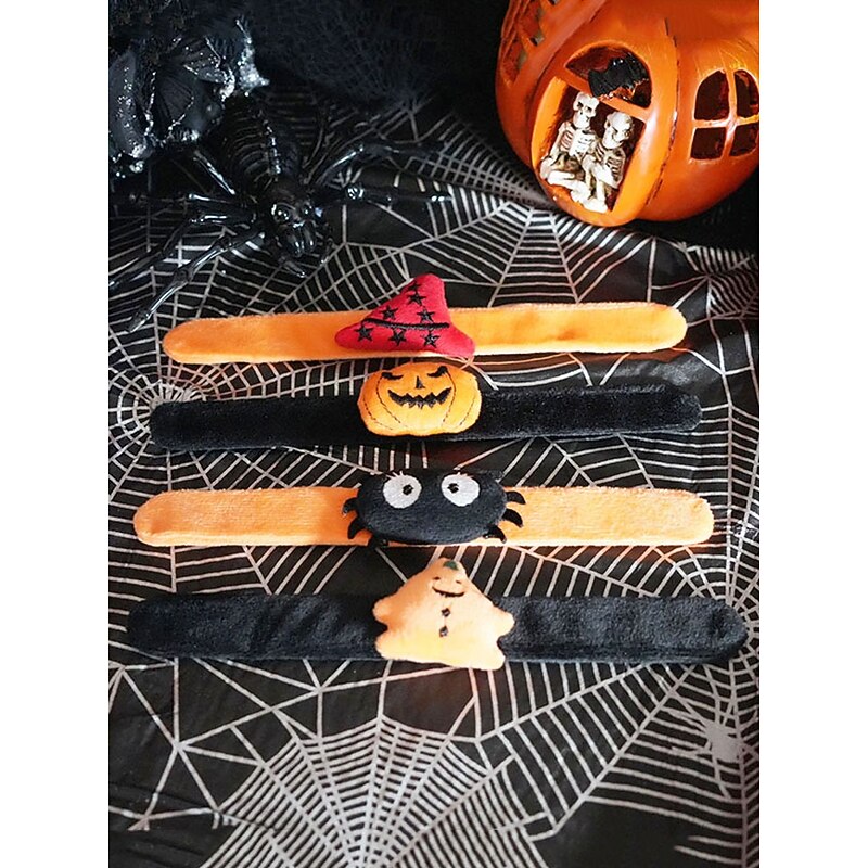 Halloween Themed Plush Slap Bracelets – Pumpkin, Witch Hat, Spider Design for Kids Party Favors and Decorations2