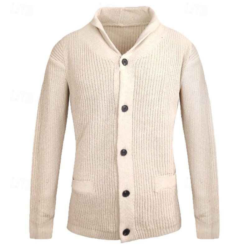 Men's Cardigan Ribbed Chunky Knit Regular Pocket Solid Color Shawl Lapel Knitwear Elegant Home Work Clothing Apparel Bishop Sleeve Spring Fall khaki M L XL3