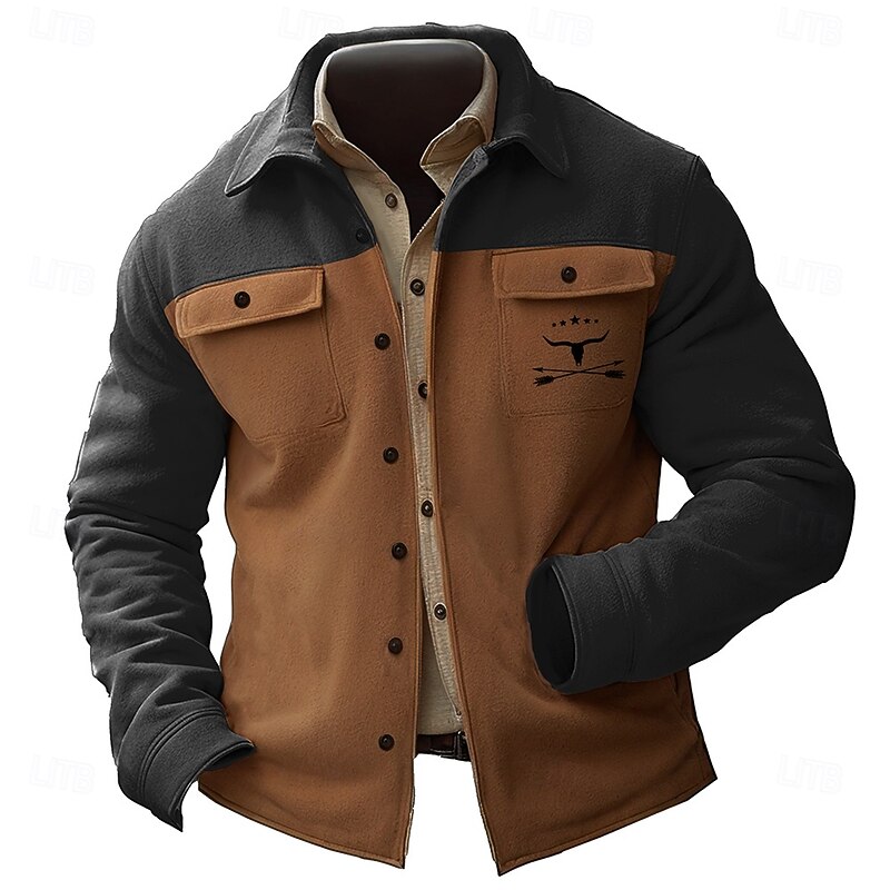Men's Cowboy Shirt Jacket Overshirt Long Sleeve Vintage Casual Daily Wear Going out Fall & Winter Turndown Buttons 3D Print 2 Pockets 1pc Black Blue Khaki4