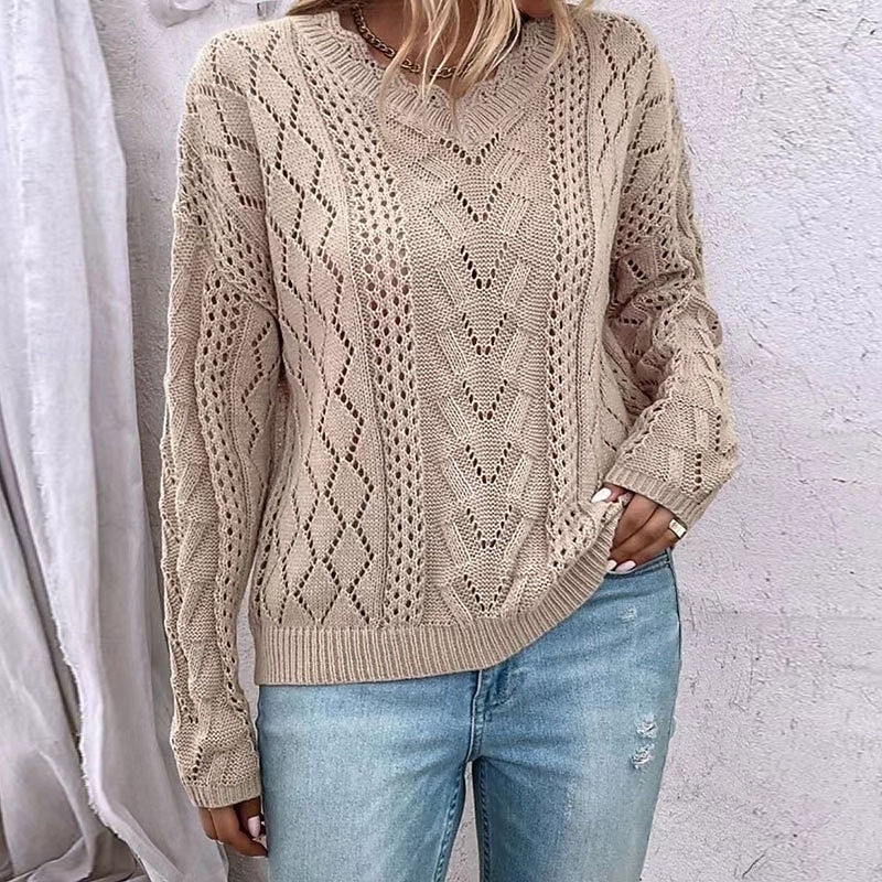 Women's Sweater Pullover Sweater Jumper Casual Geometric Crochet V Neck V Neck Long Sleeve Regular Tops Knit Outdoor Daily Weekend White Khaki Fall Winter