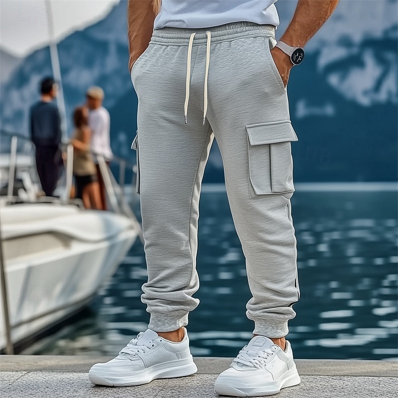 Men's Fleece Pants Sweatpants Joggers Trousers Cargo Sweatpants Drawstring Elastic Waist Multi Pocket Plain Comfort Warm Full Length Outdoor Casual Daily Sports Fashion Black Khaki