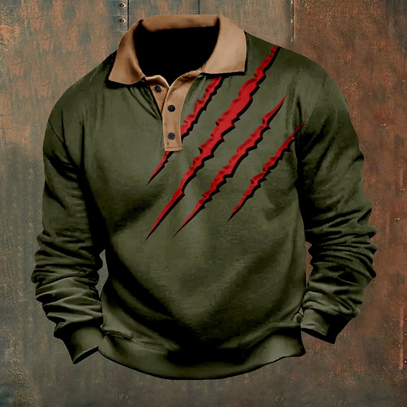Men's Claw Marks Polo Shirts Pullover Long Sleeve Polo Shirts Collar Vintage Casual Outdoor Vacation Streetwear 3D Print Buttons Fall & Winter Dark Brown Black Dark Green4