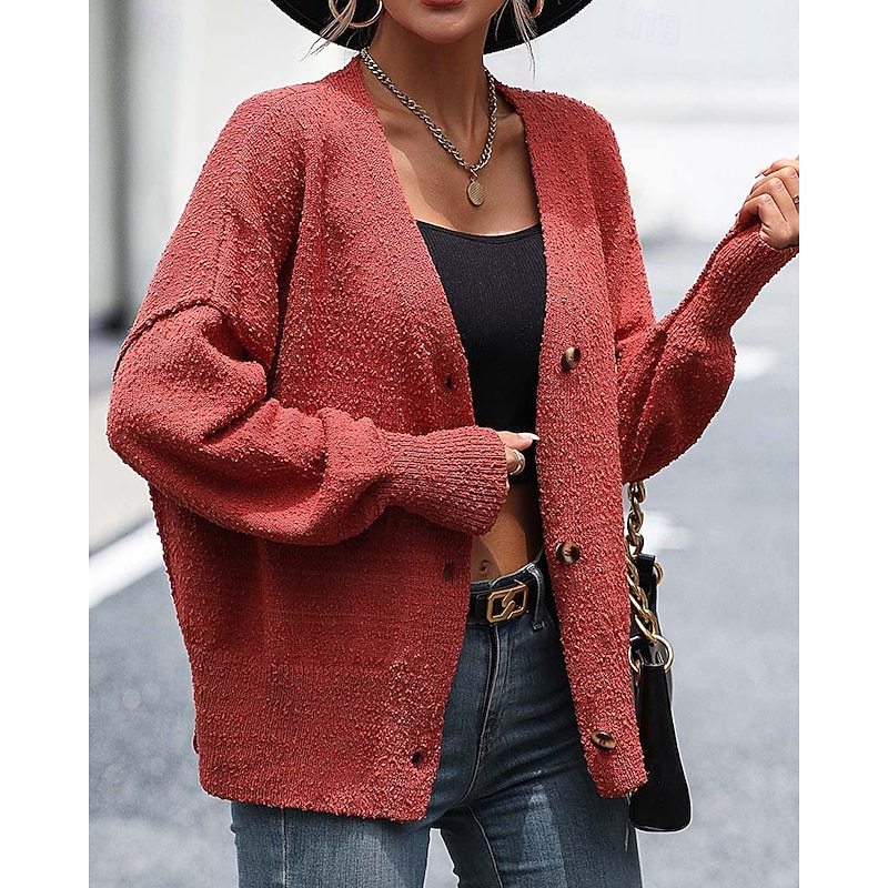 Women's Sweater Cardigan Daily Casual Solid Color Shirt Collar Knitted Textured Long Sleeve Regular Tops Knit Home Work White Red Fall Winter