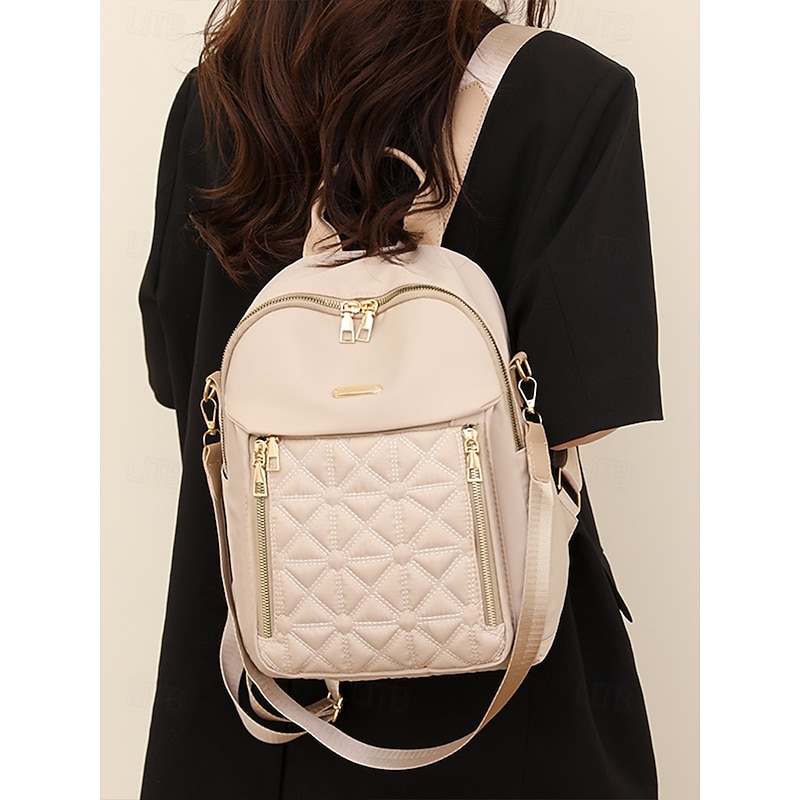 Women's Beige Quilted Backpack with Zipper Pockets and Adjustable Straps – Stylish Everyday Bag for Work and Travel2