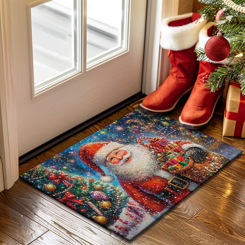 Christmas Decoration Doormat Xmas Santa Pointillism Kitchen Mat Floor Mat Non-Slip Area Rug Oil Proof Rug Indoor Outdoor Mat Bedroom Decor Bathroom Mat Entrance Rug4
