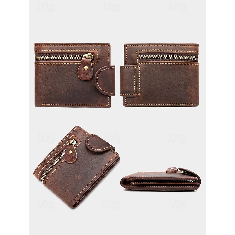 Men's Vintage Brown Leather Wallet with Zipper Pocket and Snap Closure – Stylish Bifold Wallet for Everyday Use4