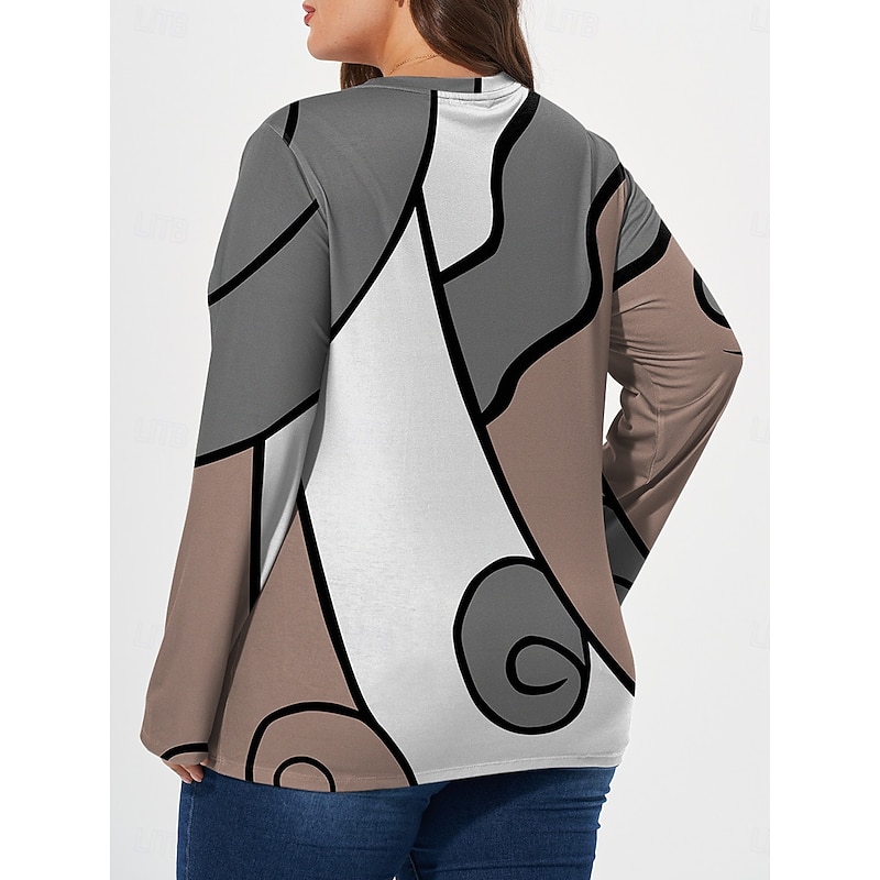 Women's Plus Size Tops T shirt Tee Color Block Print Long Sleeve Crew Neck Casual Daily Fall Winter Blue Green2