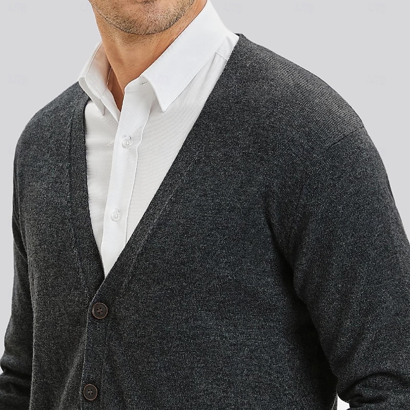 Men's Cardigan Sweater Dress Sweater Knit Sweater Ribbed Knit Regular Button Up Side Pockets Solid Color V Neck Fashion Classic Daily Wear Date Clothing Apparel Fall & Winter Black Burgundy M L XL4