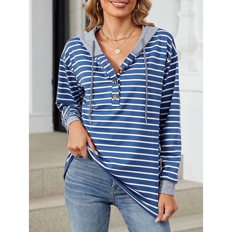 Women's Hoodie Sweatshirt Casual Striped Street Dailywear Hoodie Buttons Print Long Sleeve Navy Blue Green Fall Winter3