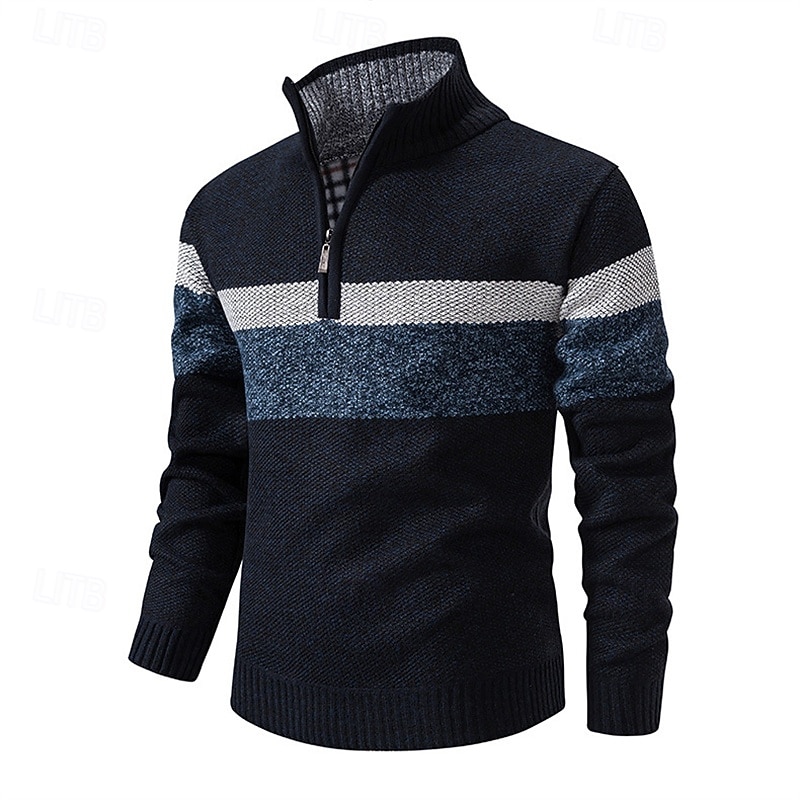 Men's Pullover Sweater Jumper Quarter Zip Sweaters Knit Sweater Ribbed Knit Regular Knitted Fleece Color Block Quarter Zip Fashion Basic Daily Wear Date Clothing Apparel Fall & Winter Navy Blue S M L4