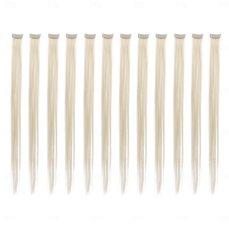 12 Pcs Straight One Color Party Highlights Clip on in Hair Extensions Colored Hair Streak Synthetic Hairpieces2